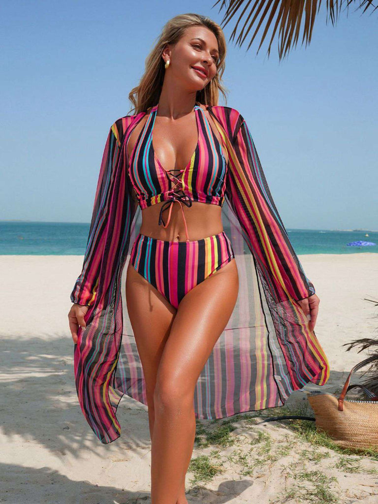 Ensemble Bikini Lacé à Rayures Verticales et Cache-Maillot Années 60