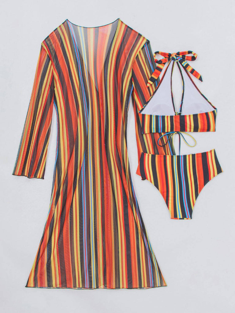 Ensemble Bikini Lacé à Rayures Verticales et Cache-Maillot Années 60