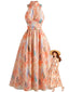 Robe fleurs dos nu col montant et taille marquée années 70