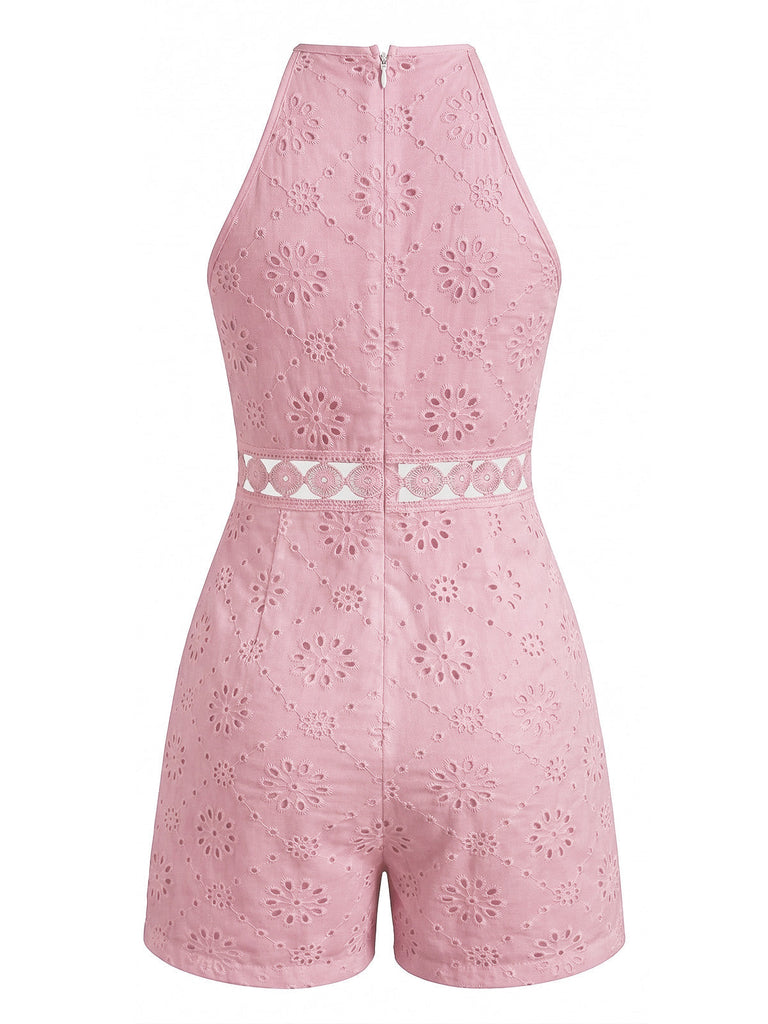 Combishort Halter Col Rond Floral Ajouré Années 70