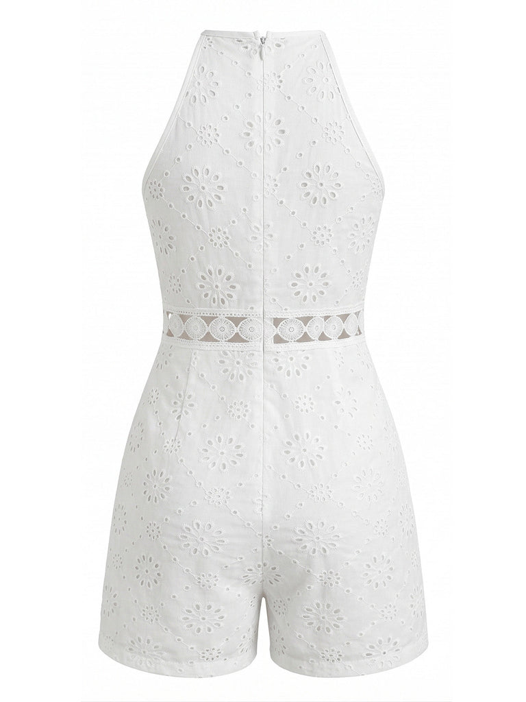 Combishort Halter Col Rond Floral Ajouré Années 70