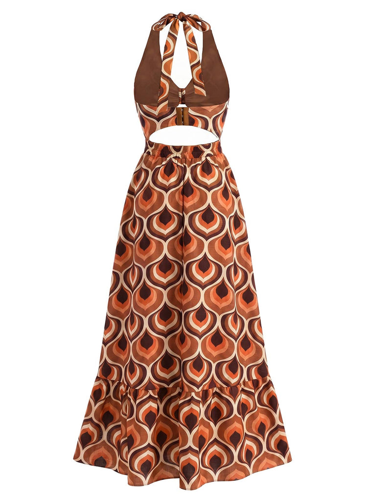 [Prévente] Robe Maxi Halter Col V Profond Découpé Imprimé Abstrait Années 70