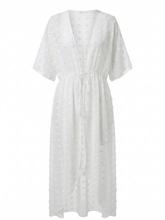 Robe Cache-Maillot Longue Transparente à Pois Nouée Années 1970
