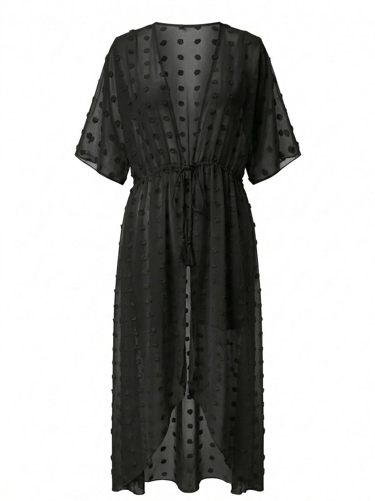 Robe Cache-Maillot Longue Transparente à Pois Nouée Années 1970