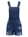 Blue denim overall shorts with gold buttons on a white background