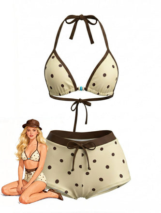 Ensemble Bikini Dos-Nu à Pois Jaune Crème Années 1980