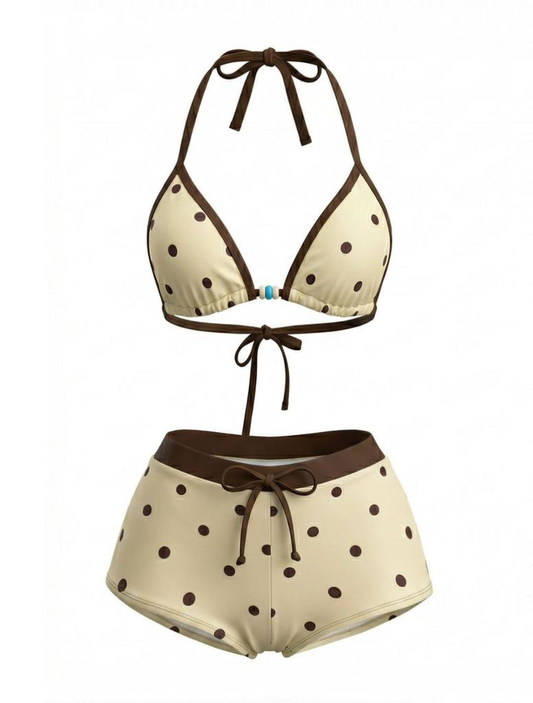 Ensemble Bikini Dos-Nu à Pois Jaune Crème Années 1980