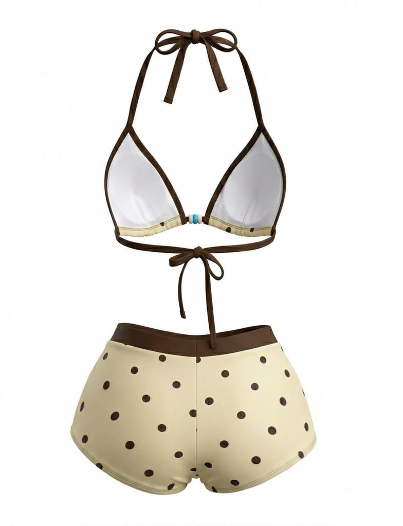 Ensemble Bikini Dos-Nu à Pois Jaune Crème Années 1980