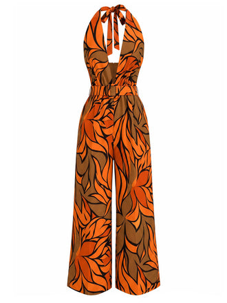 [Prévente] Combinaison Tropicale Feuilles Halter Col V Profond Ceinturée Imprimée Années 1970 2