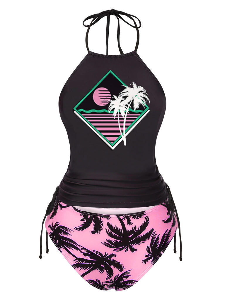 Ensemble tankini rose à imprimé squelette punk années 1980