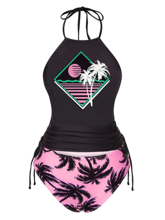 Ensemble tankini rose à imprimé squelette punk années 1980