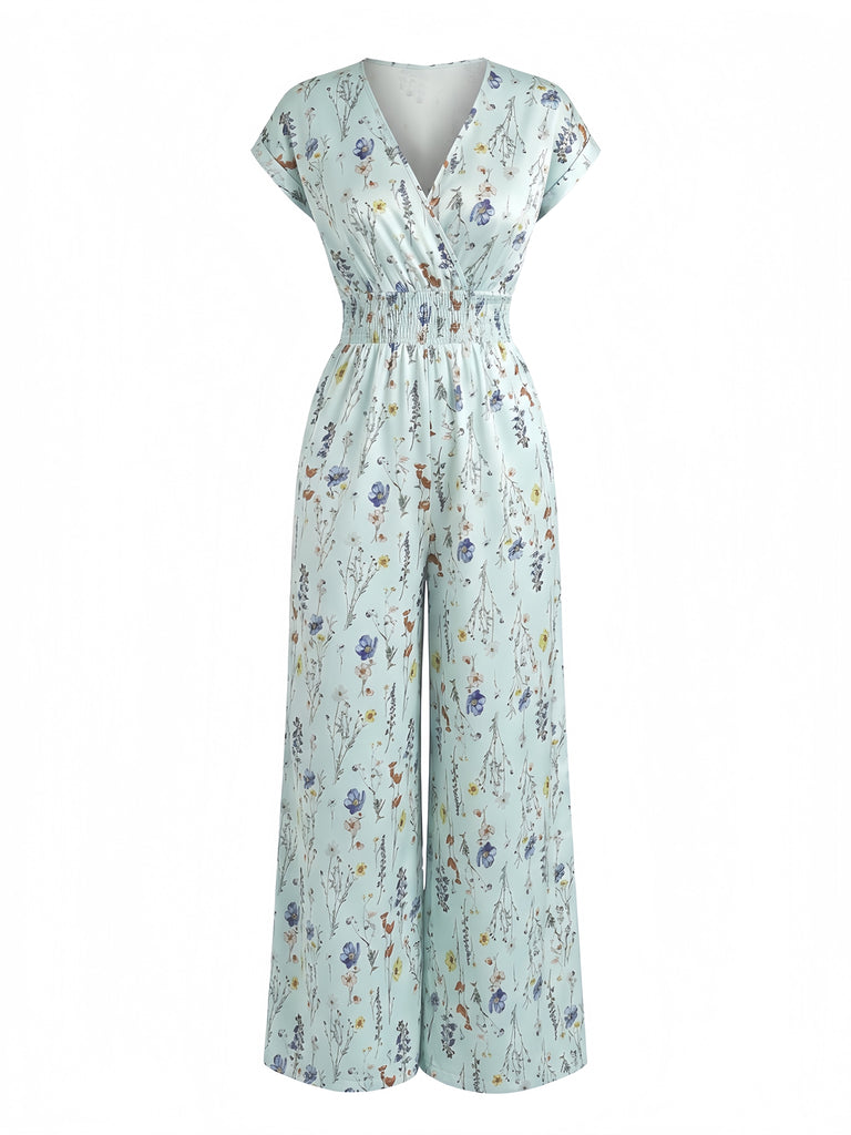 Bohème Florale Col en V Mancherons Jambes Larges Combinaison Années 1970 4