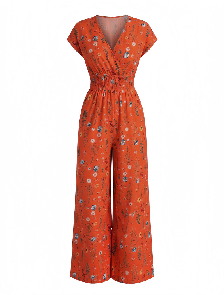 Bohème Florale Col en V Mancherons Jambes Larges Combinaison Années 1970 2