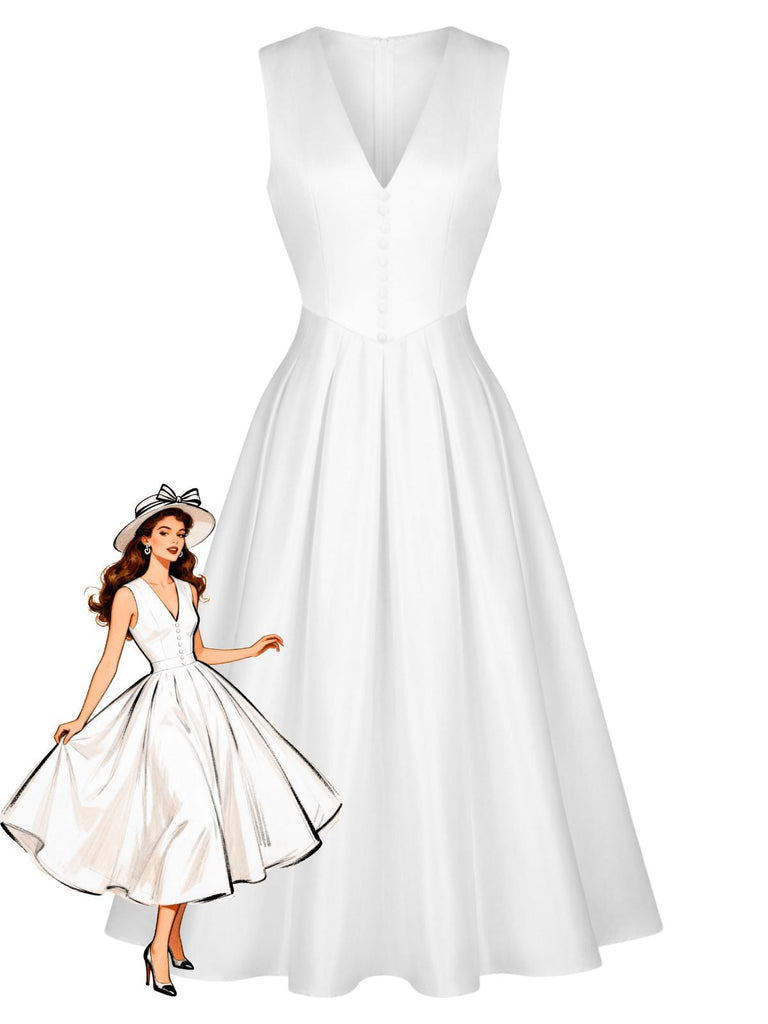 Robe blanche unie sans manches col en V boutons années 1950