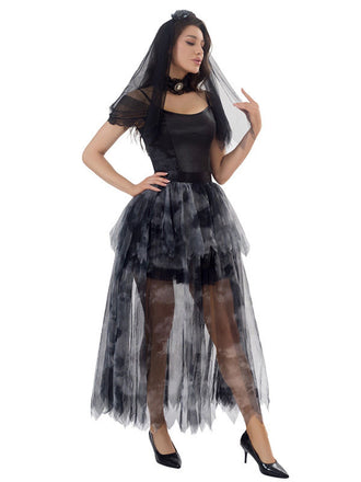 Robe noire en tulle mariée fantôme Halloween années 1970
