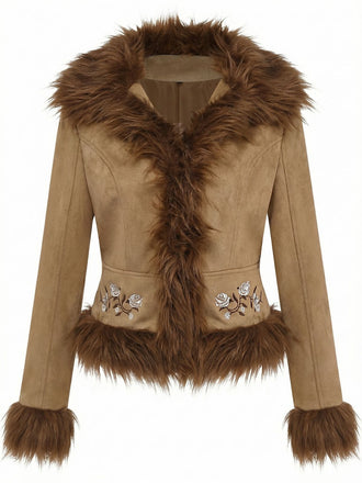 Veste avec bordure en fausse fourrure et broderie de roses années 1970