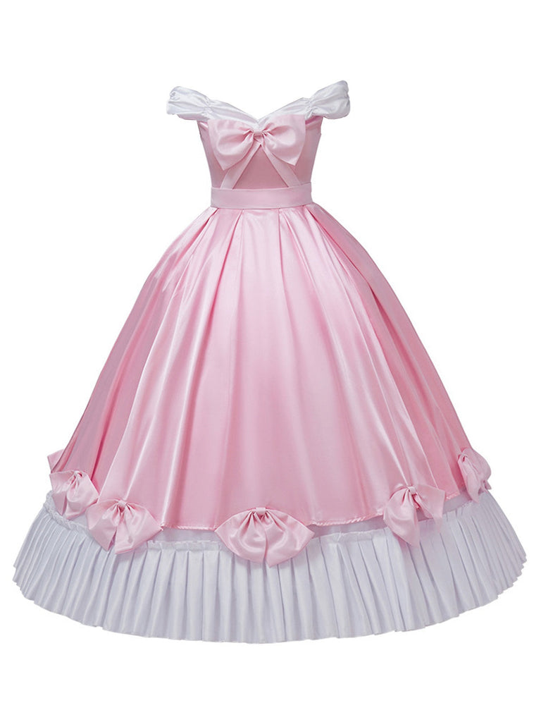 Robe rose à épaules dénudées plissée et ornée d'un nœud en satin années 50