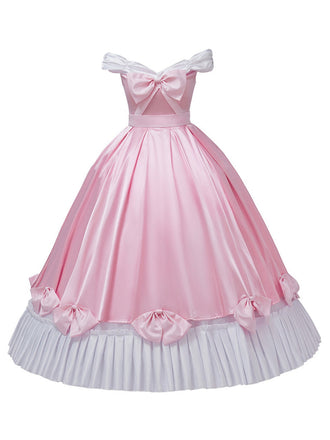 Robe rose à épaules dénudées plissée et ornée d'un nœud en satin années 50