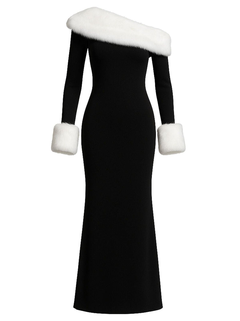 Robe maxi noire à une épaule et bordure en fourrure années 1980