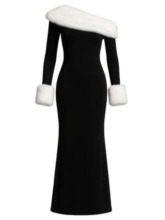 Robe maxi noire à une épaule et bordure en fourrure années 1980