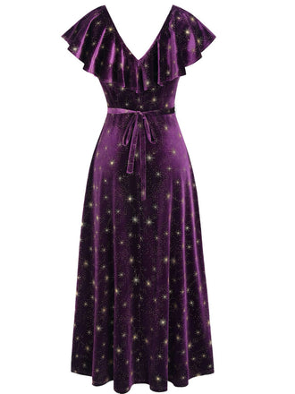 [Pré-vente] Robe à volants en velours col en V et étoiles violet des années 40