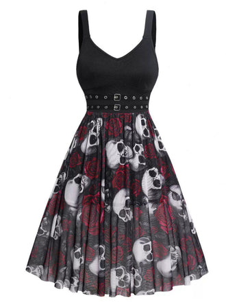 Robe gothique Halloween col en V motif tête de mort et roses des années 1950