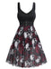 Robe gothique Halloween col en V motif tête de mort et roses des années 1950