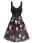 Robe gothique Halloween col en V motif tête de mort et roses des années 1950