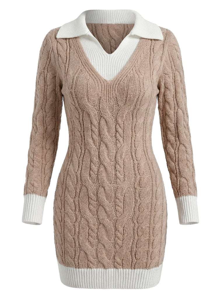 Robe moulante beige en maille torsadée à col en V années 60