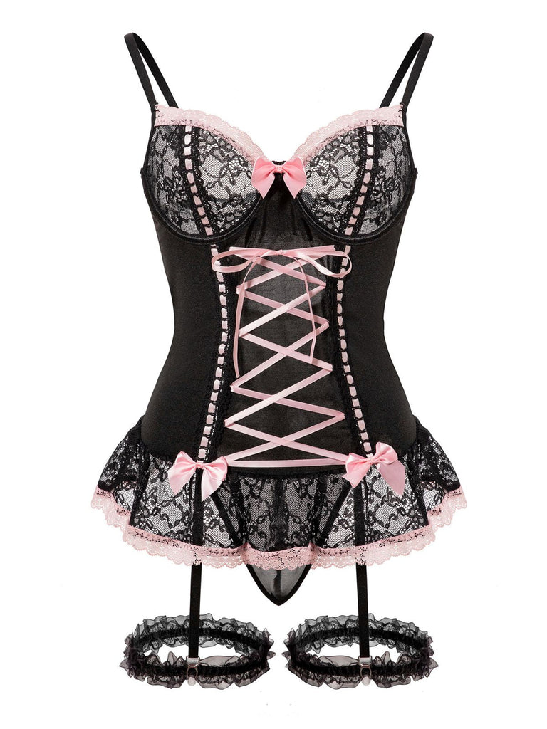 Ensemble de lingerie lacets et nœud en dentelle contrastée années 1970