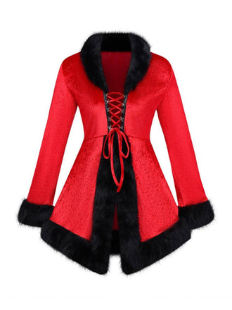 Veste de Noël en velours à lacets et bordure en fourrure rouge des années 1970