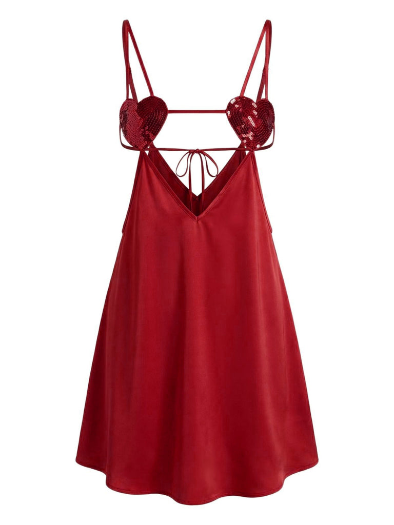 Nuisette sexy à sequins en satin uni ornée de cœurs années 1960