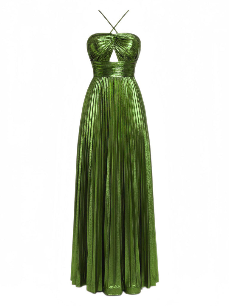 Robe plissée dorée à dos nu et col croisé années 1930