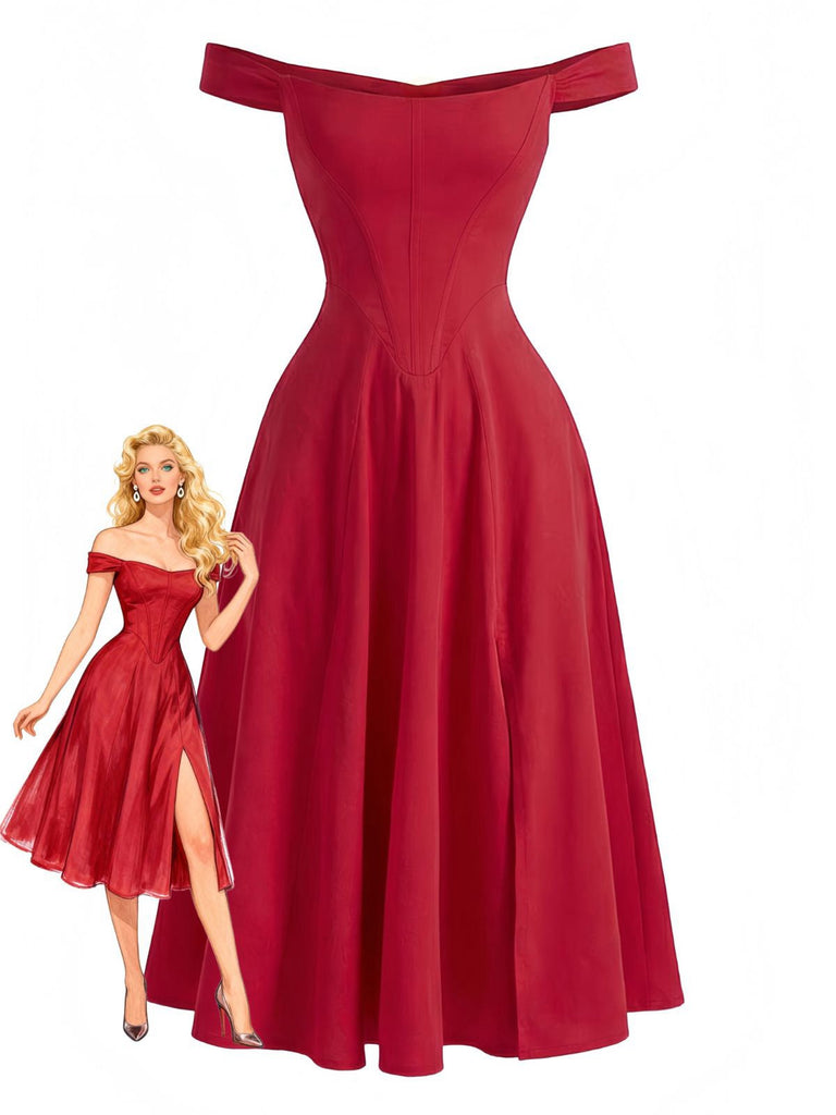Robe rouge unie épaules dénudées et fente style sirène années 1950