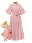 Robe Ceinturée Rose Carreaux Cœur Manches Lanterne Années 1940