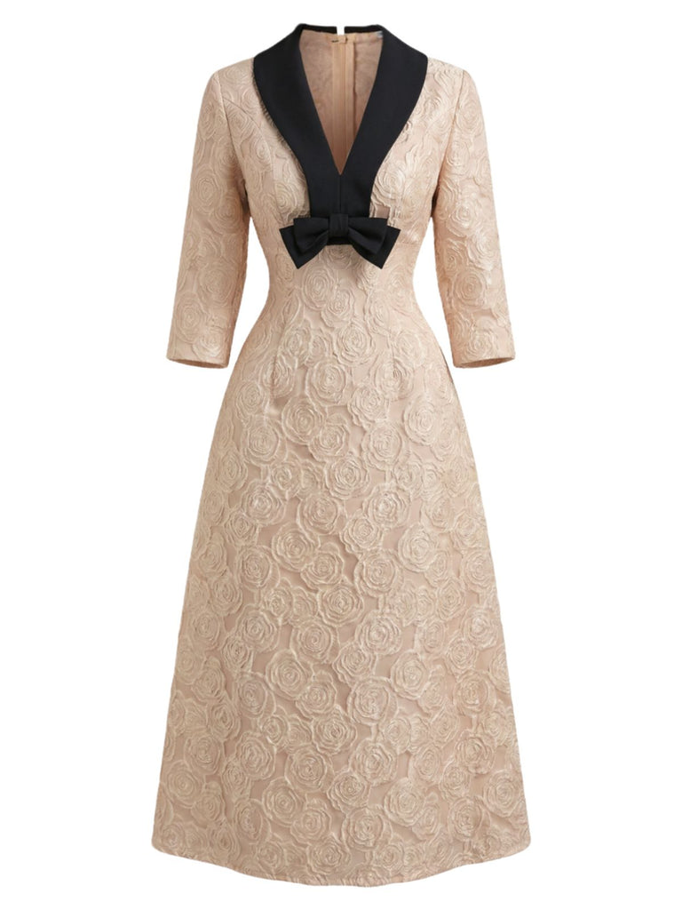 Robe champagne rose jacquard à col en V et nœud années 1930