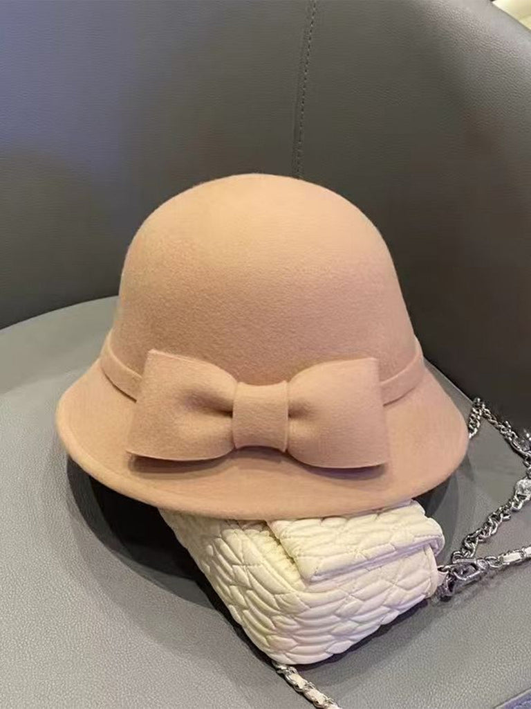 Chapeau cloche vintage en fausse laine unie avec nœud papillon