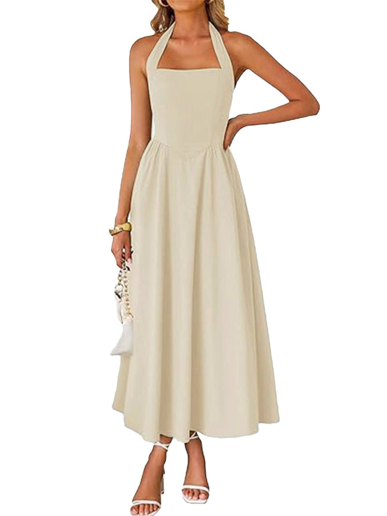 Robe à col licou unie à bretelles larges années 1940