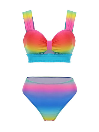 Ensemble bikini froncé multicolore dégradé arc-en-ciel et cache-maillot années 1960