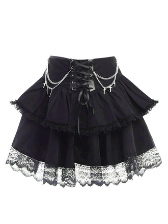 Jupe noire gothique dentelle croisée et chaîne années 1980