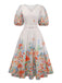Robe multicolore à fleurs col en V manches lanternes années 1950
