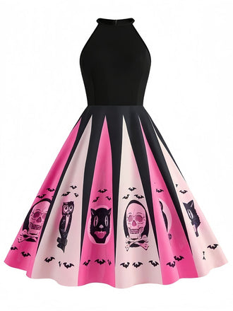 [Prévente] Robe trapèze noire et rose imprimé effrayant Halloween années 1950