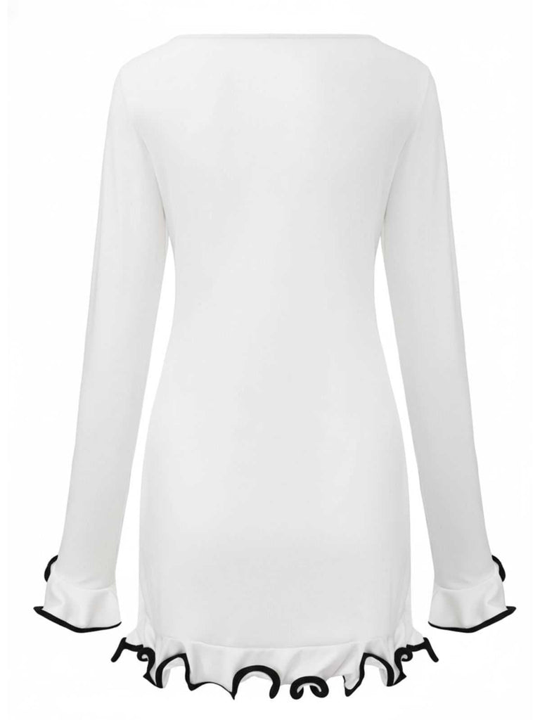 Robe rose manches longues et ourlet volants style années 60