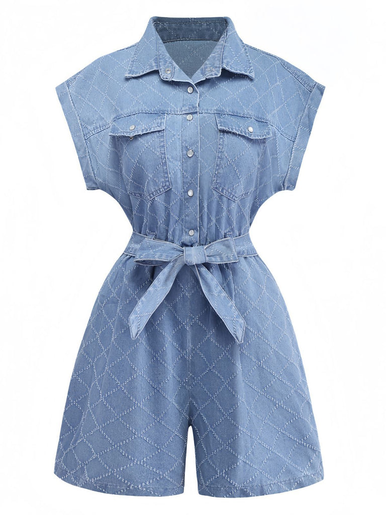 Combishort utilitaire en jean bleu avec boutons années 1980