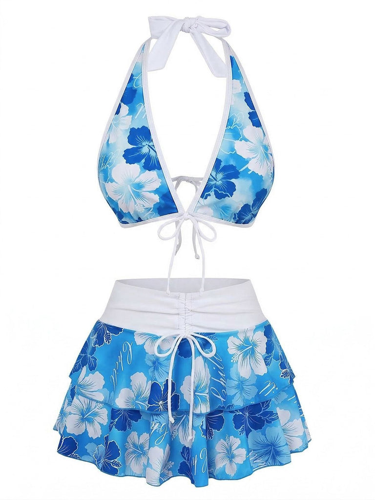 Bikini marron imprimé floral volanté années 1960
