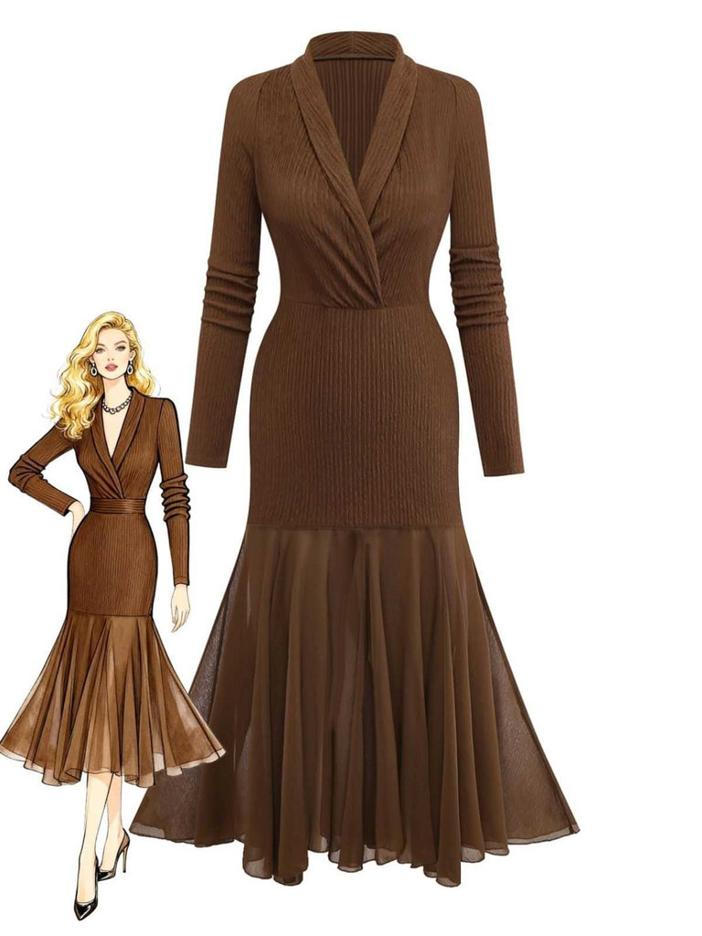 Robe sirène col en V et ourlet en résille texturée années 1930