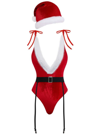 Body de Noël en peluche col en V profond des années 1970 avec chapeau