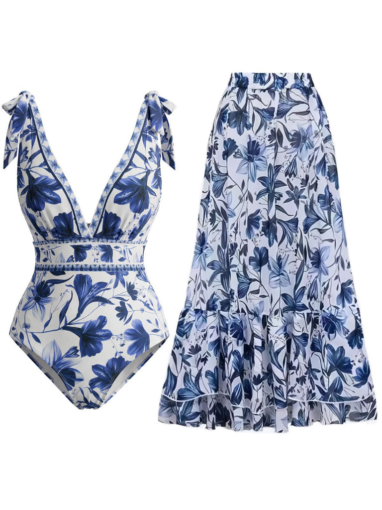 2PCS Maillot de bain vert à fleurs et cache-maillot années 1940