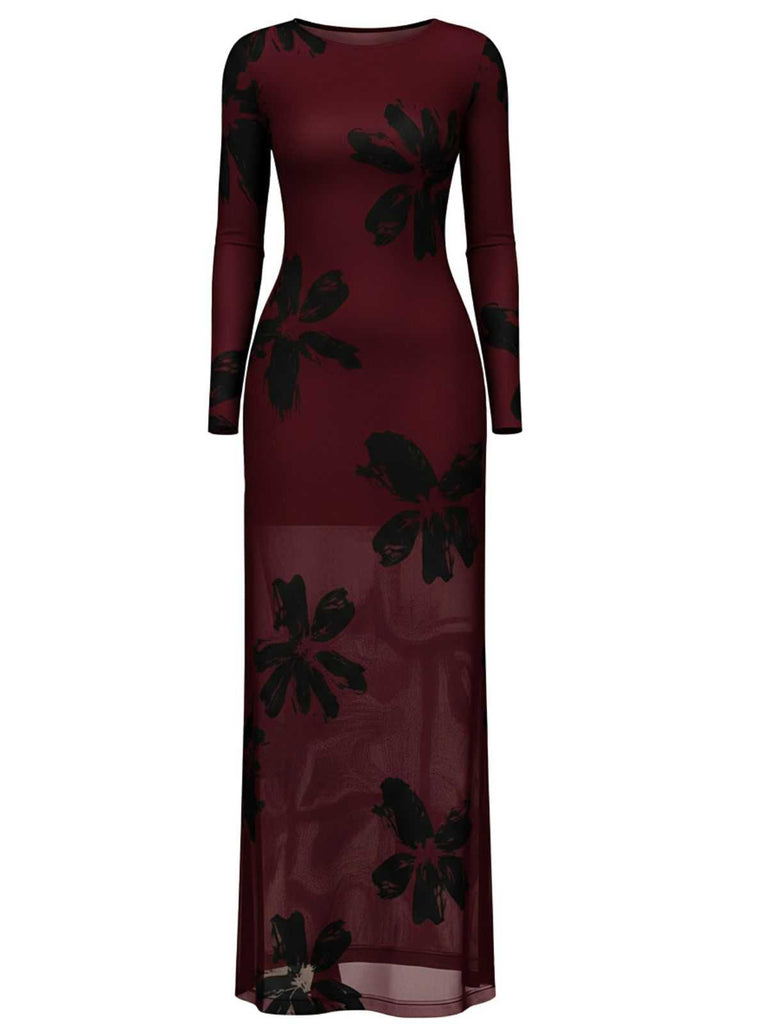 Robe longue maxi manches longues en résille florale années 1930