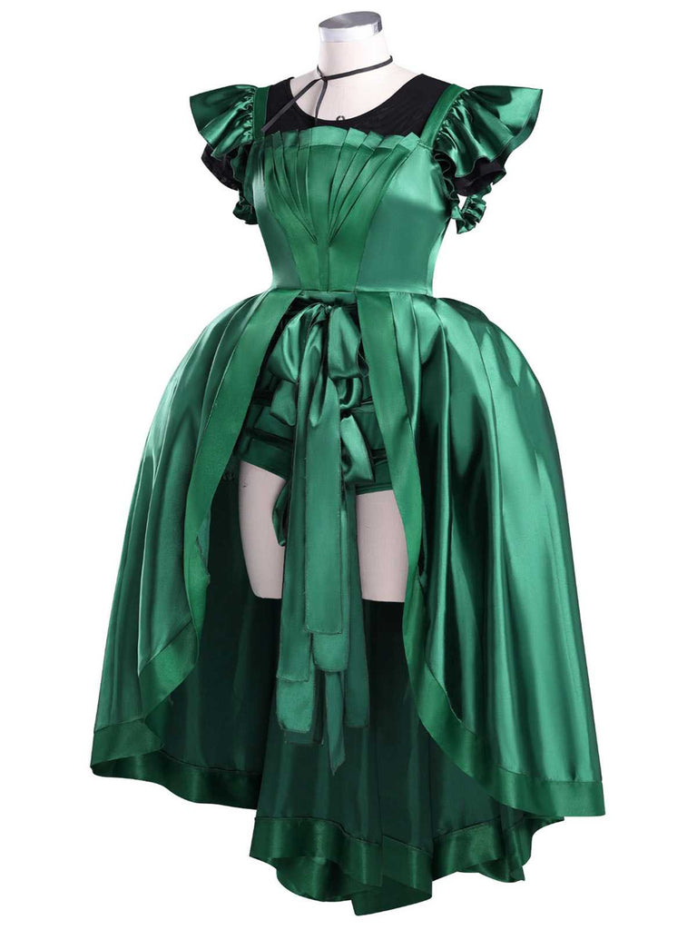 Ensemble de costumes en satin vert inspiré de Mercredi Addams des années 1950